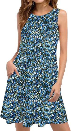 Mini Dresses for Women 2025 Summer Sleeveless Crew Neck Short Tank Dress Vintage Floral Print Vacation Beach Sundress