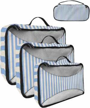 Modern Blue Striped on Linen 4 Set Packing Cubes, Vintage Vertical Stripes Packing Cubes for Carry on Suitcase Travel Essential Bag for Clothes Shoes Cosmetics Toiletry