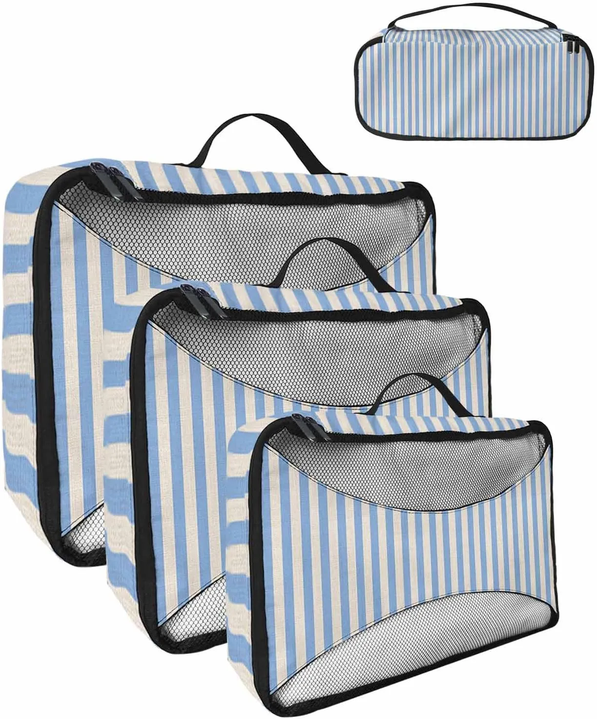 Modern Blue Striped on Linen 4 Set Packing Cubes, Vintage Vertical Stripes Packing Cubes for Carry on Suitcase Travel Essential Bag for Clothes Shoes Cosmetics Toiletry