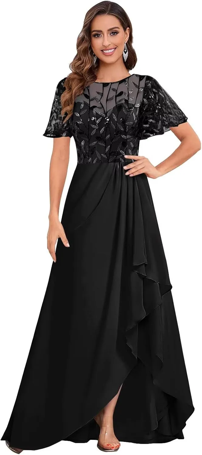 Mother of The Bride Dress for Women Chiffon Short Sleeve Ruffles Sequin Elegant High Low Evening Prom Gown