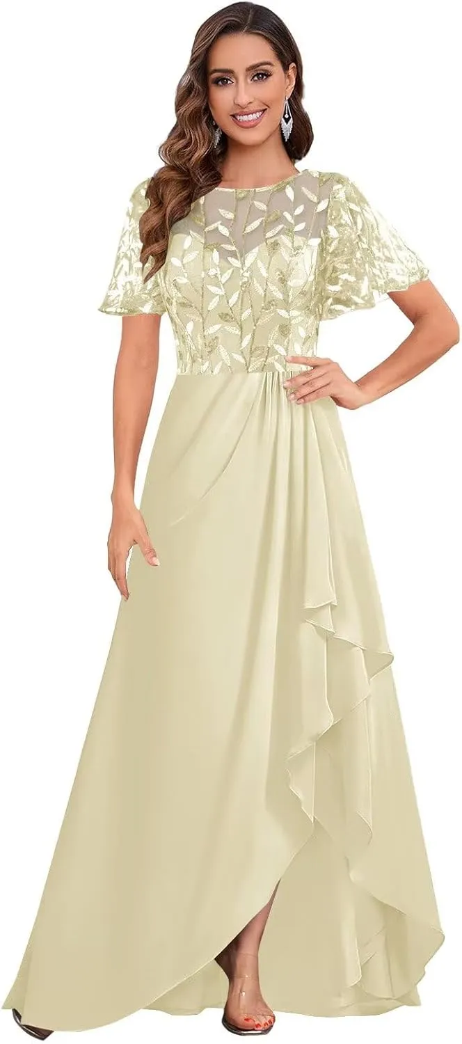 Mother of The Bride Dress for Women Chiffon Short Sleeve Ruffles Sequin Elegant High Low Evening Prom Gown