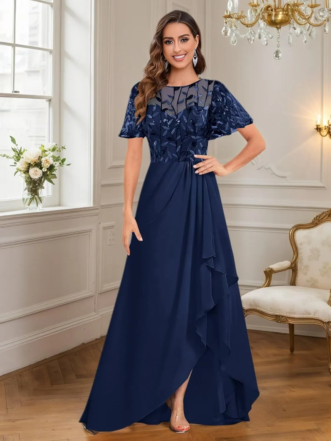 Mother of The Bride Dress for Women Chiffon Short Sleeve Ruffles Sequin Elegant High Low Evening Prom Gown