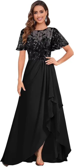 Mother of The Bride Dress for Women Chiffon Short Sleeve Ruffles Sequin Elegant High Low Evening Prom Gown
