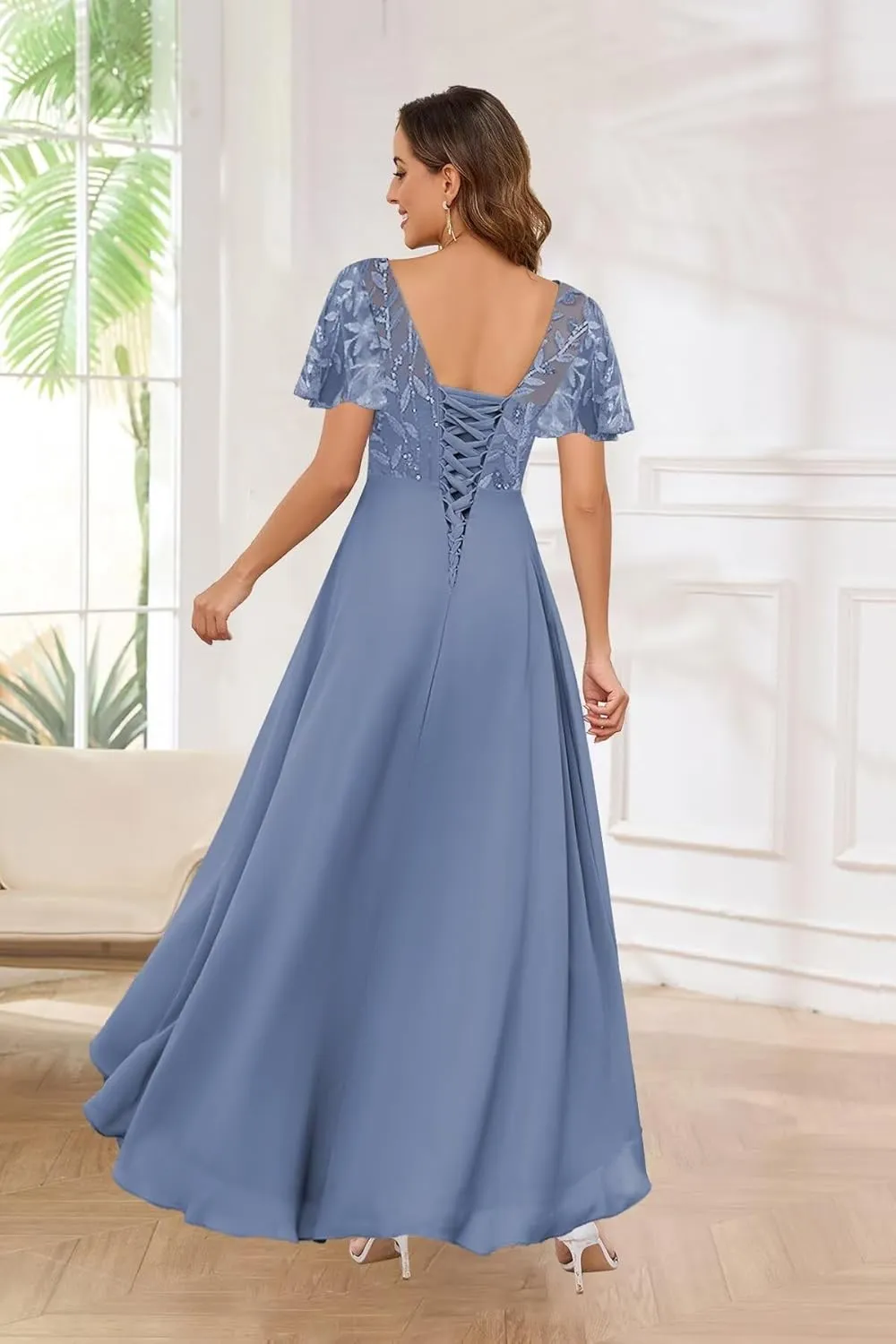Mother of The Bride Dress for Women Chiffon Short Sleeve Ruffles Sequin Elegant High Low Evening Prom Gown