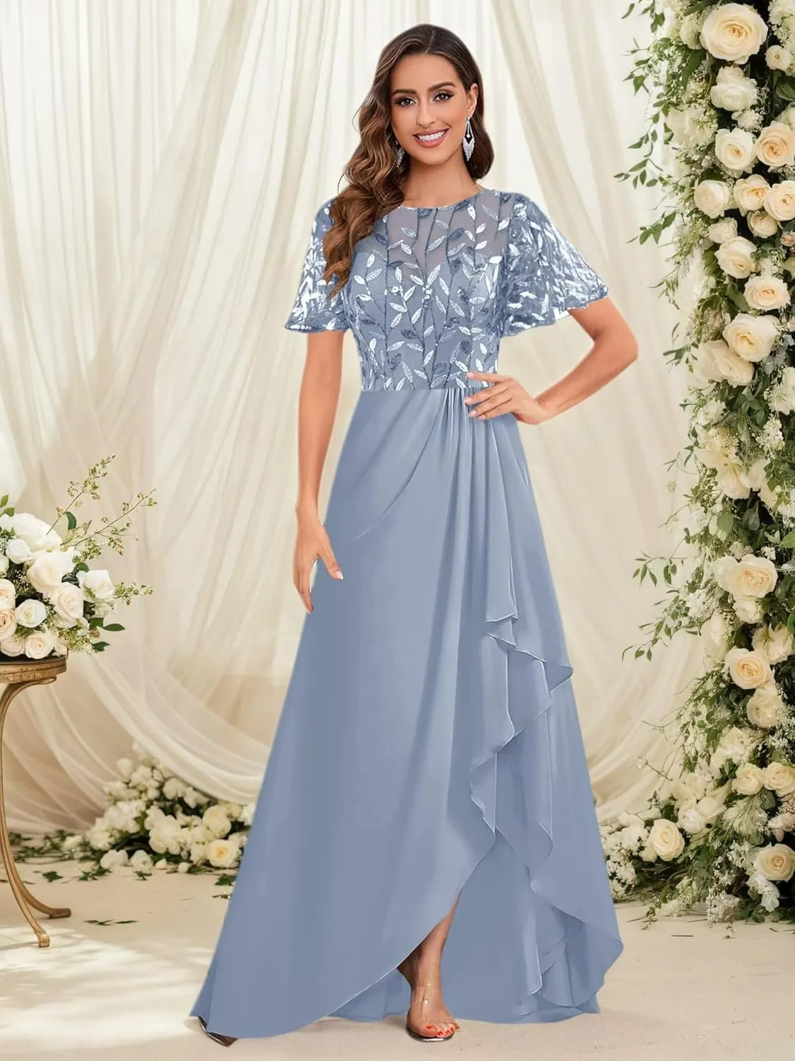 Mother of The Bride Dress for Women Chiffon Short Sleeve Ruffles Sequin Elegant High Low Evening Prom Gown