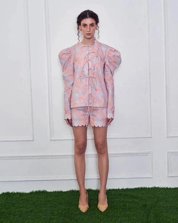 Multicolour Chaos Mutton Sleeves Top And Shorts Set