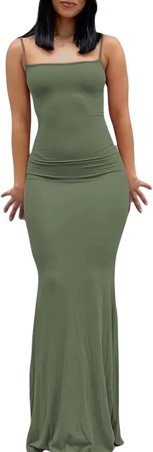 NUFIWI Women Sexy Hollow Out Maxi Dress Spaghetti Strap Low Cut Cami Dress Bodycon Summer Beach Party Formal Sundress