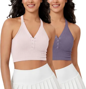 ODODOS 2-Pack Seamless Henley Crop for Women Open Back Ribbed Tank Button-up Cropped Top