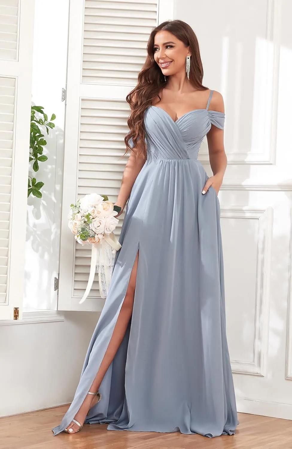 Off The Shoulder Bridesmaid Dresses for Wedding with Slit A-Line Chiffon Formal Party Gown with Pockets