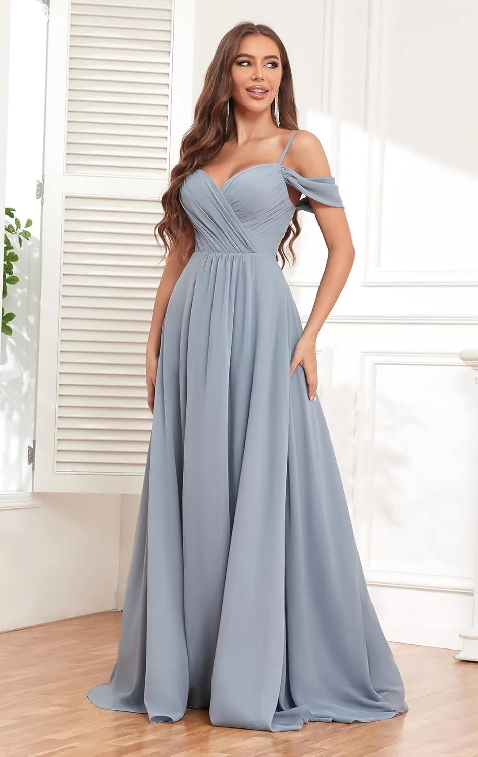 Off The Shoulder Bridesmaid Dresses for Wedding with Slit A-Line Chiffon Formal Party Gown with Pockets