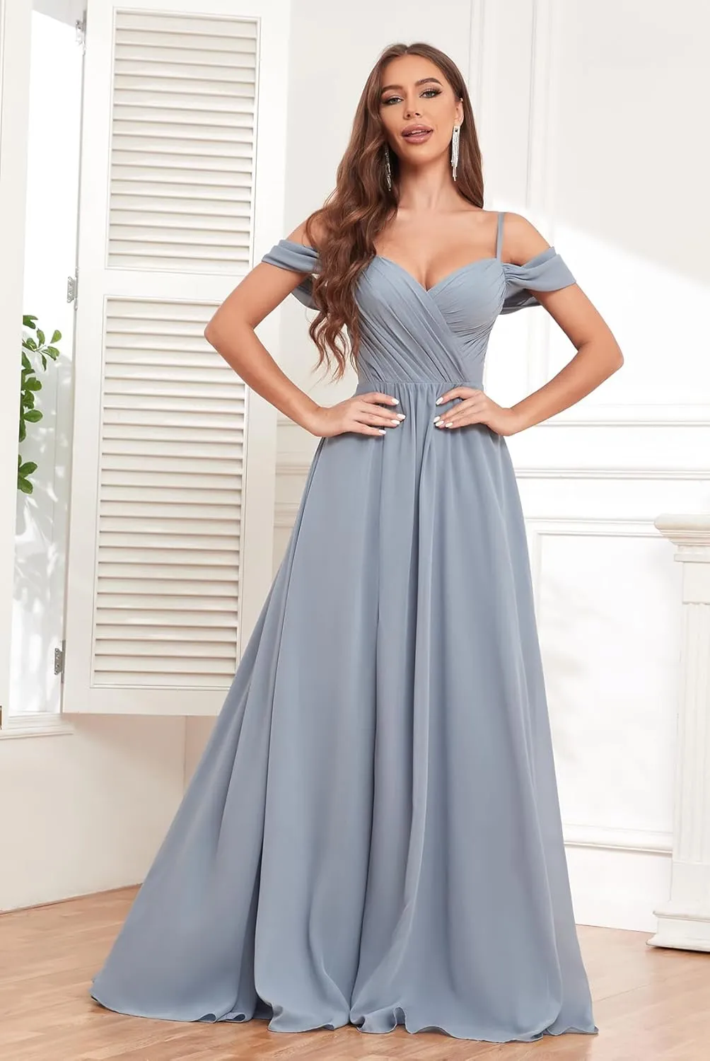 Off The Shoulder Bridesmaid Dresses for Wedding with Slit A-Line Chiffon Formal Party Gown with Pockets