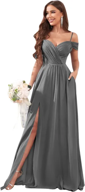 Off The Shoulder Bridesmaid Dresses for Wedding with Slit A-Line Chiffon Formal Party Gown with Pockets