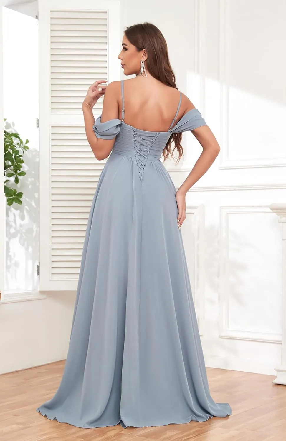 Off The Shoulder Bridesmaid Dresses for Wedding with Slit A-Line Chiffon Formal Party Gown with Pockets