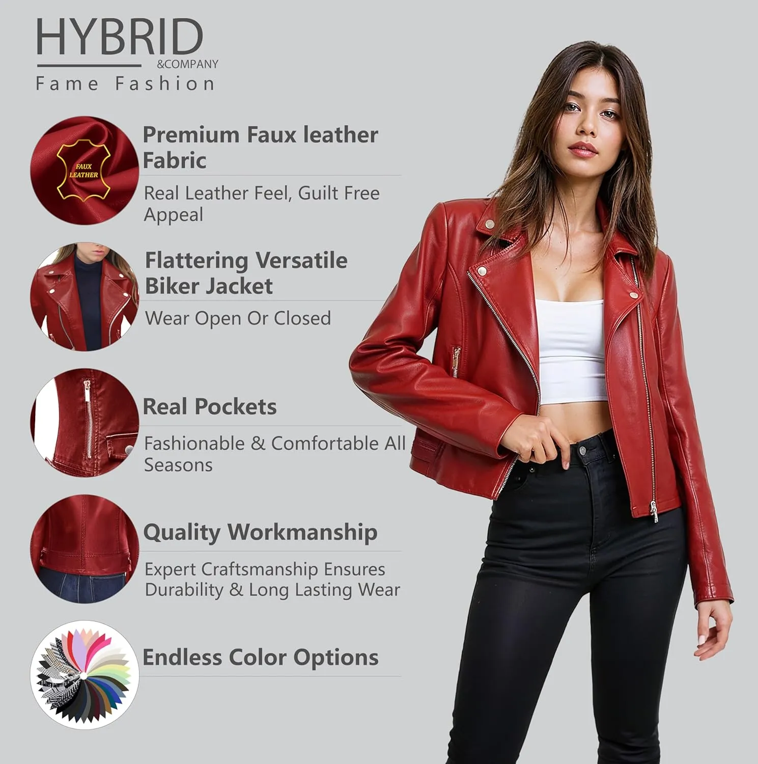 Olivia Miller Women's Faux Leather Moto Biker Jacket Long Sleeve Zip Jacket