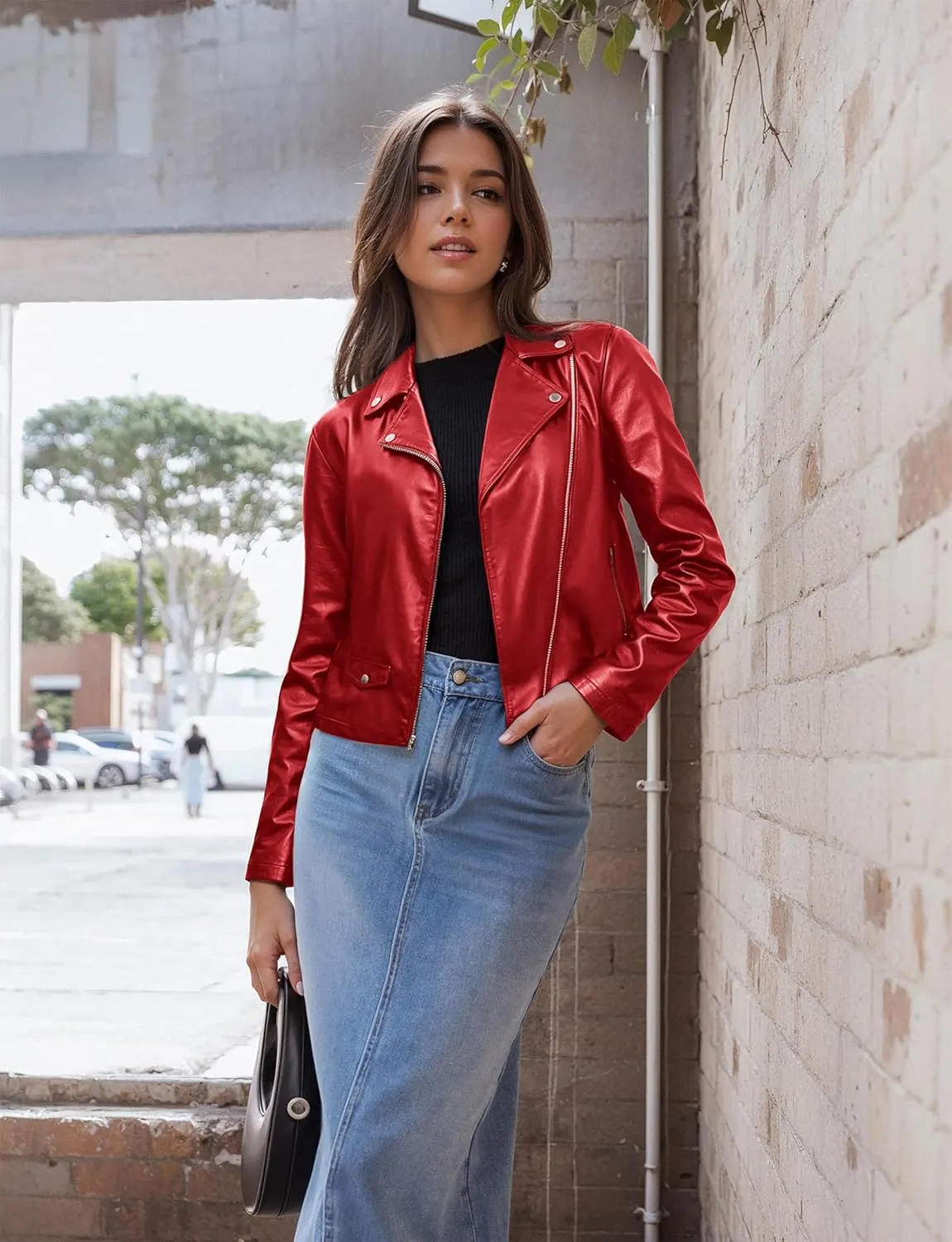 Olivia Miller Women's Faux Leather Moto Biker Jacket Long Sleeve Zip Jacket