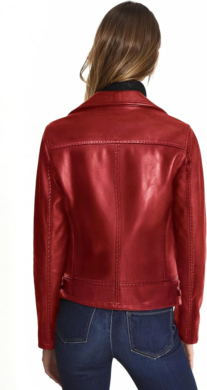 Olivia Miller Women's Faux Leather Moto Biker Jacket Long Sleeve Zip Jacket