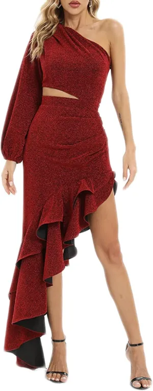 One Shoulder Floral Dress for Women Cut Out Ruffle Boho Maxi Dress
