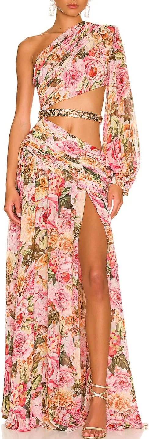 One Shoulder Floral Dress for Women Cut Out Ruffle Boho Maxi Dress