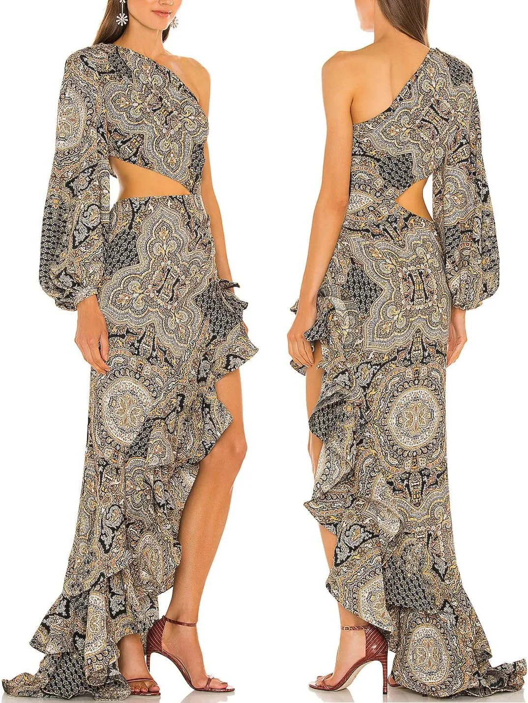 One Shoulder Floral Dress for Women Cut Out Ruffle Boho Maxi Dress
