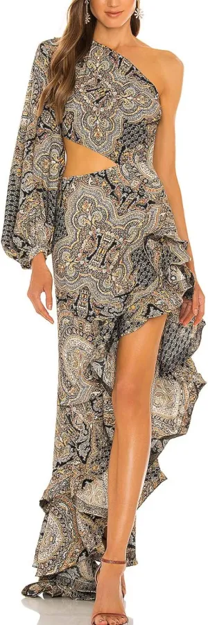 One Shoulder Floral Dress for Women Cut Out Ruffle Boho Maxi Dress
