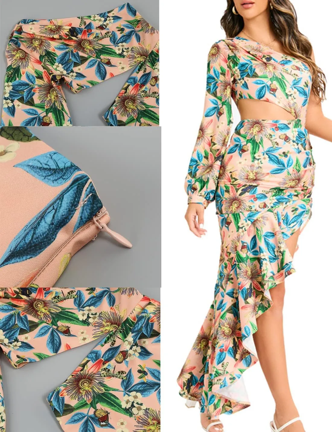 One Shoulder Floral Dress for Women Cut Out Ruffle Boho Maxi Dress