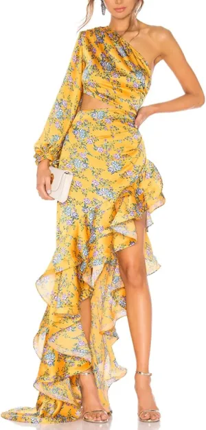 One Shoulder Floral Dress for Women Cut Out Ruffle Boho Maxi Dress