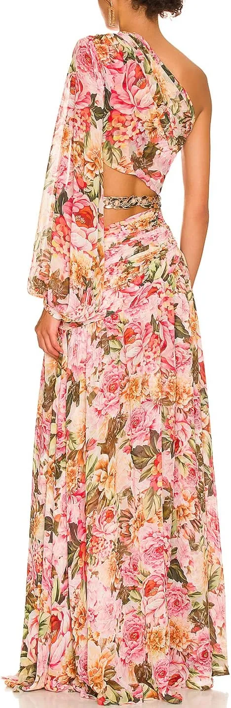 One Shoulder Floral Dress for Women Cut Out Ruffle Boho Maxi Dress