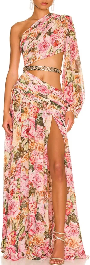 One Shoulder Floral Dress for Women Cut Out Ruffle Boho Maxi Dress