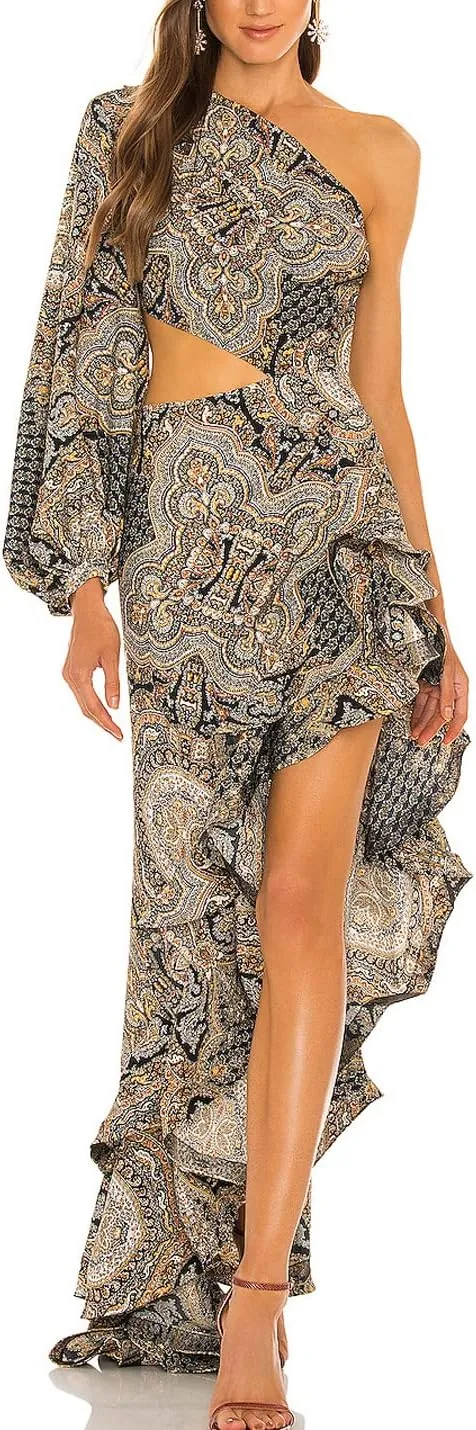One Shoulder Floral Dress for Women Cut Out Ruffle Boho Maxi Dress