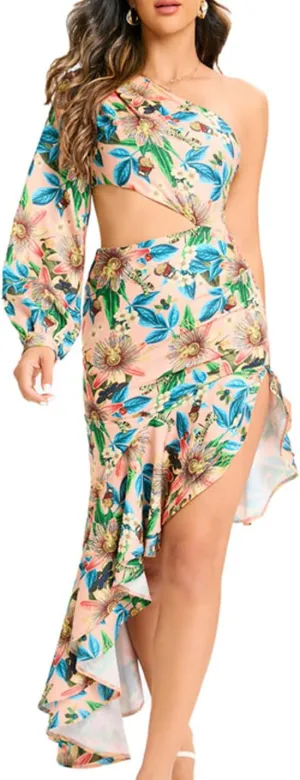 One Shoulder Floral Dress for Women Cut Out Ruffle Boho Maxi Dress