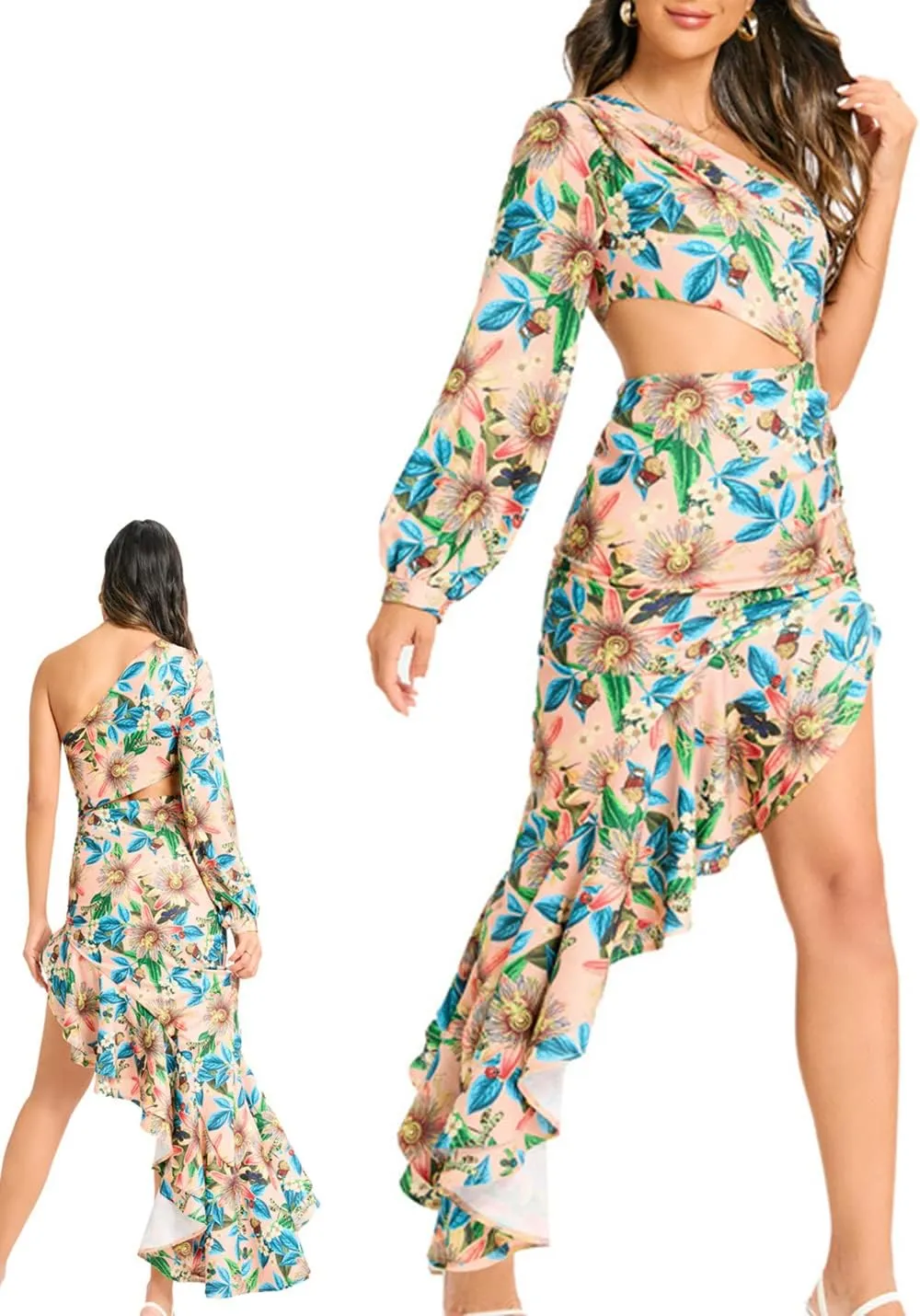 One Shoulder Floral Dress for Women Cut Out Ruffle Boho Maxi Dress