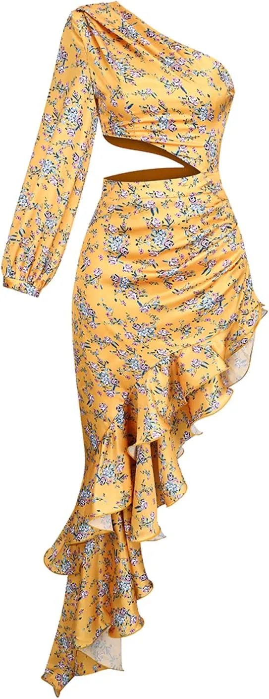 One Shoulder Floral Dress for Women Cut Out Ruffle Boho Maxi Dress