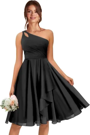 One Shoulder Short Bridesmaid Dresses A Line Keyhole Ruffled Chiffon Formal Evening Dress