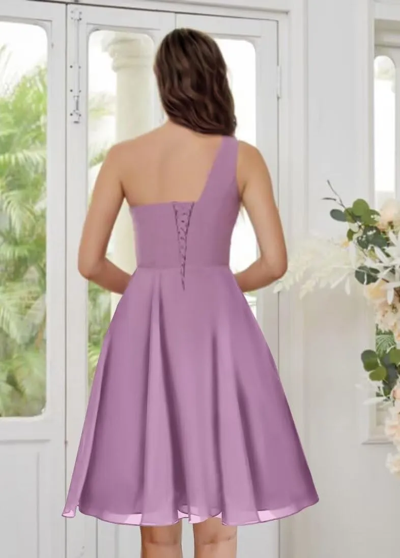 One Shoulder Short Bridesmaid Dresses A Line Keyhole Ruffled Chiffon Formal Evening Dress