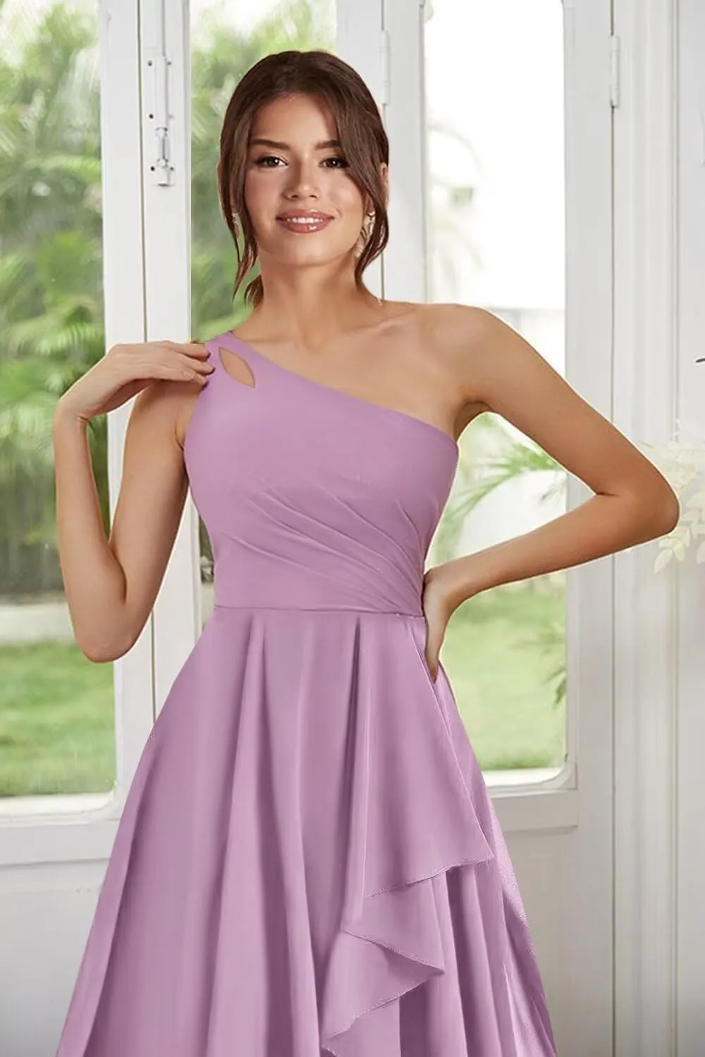 One Shoulder Short Bridesmaid Dresses A Line Keyhole Ruffled Chiffon Formal Evening Dress