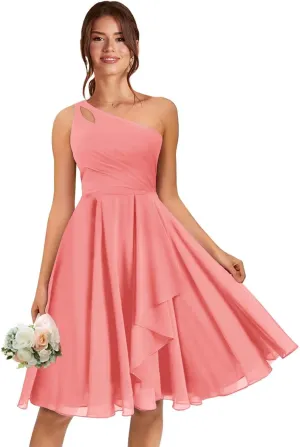 One Shoulder Short Bridesmaid Dresses A Line Keyhole Ruffled Chiffon Formal Evening Dress