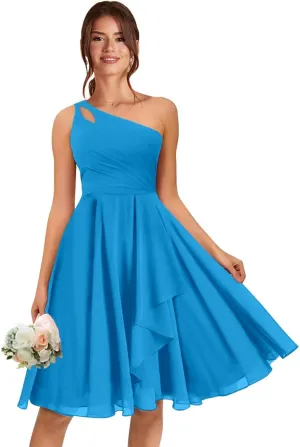 One Shoulder Short Bridesmaid Dresses A Line Keyhole Ruffled Chiffon Formal Evening Dress