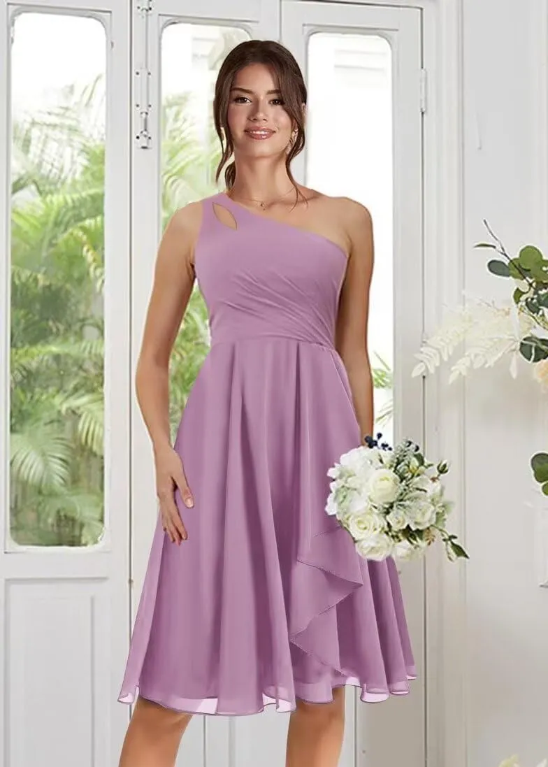 One Shoulder Short Bridesmaid Dresses A Line Keyhole Ruffled Chiffon Formal Evening Dress