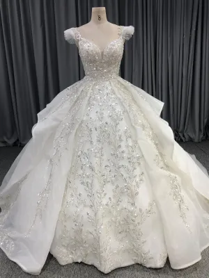 Organza Bridal Ball Gown Sequins Bodice Court Train Wedding Dresses