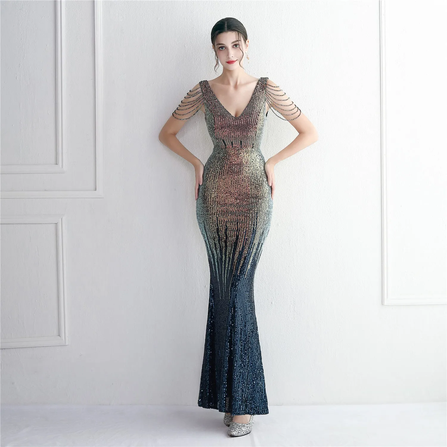 Padded Chest and Delicate Needlework Elegant and Stylish Full-Length Silk Dress