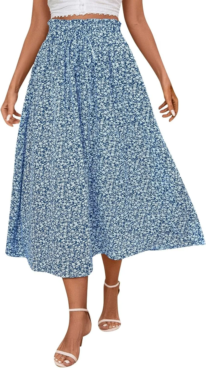 Palaver Long Skirt for Women Summer Floral Tiered Elastic High Waisted Maxi Skirts Vacation A-Line Flowy Swing Boho Skirts