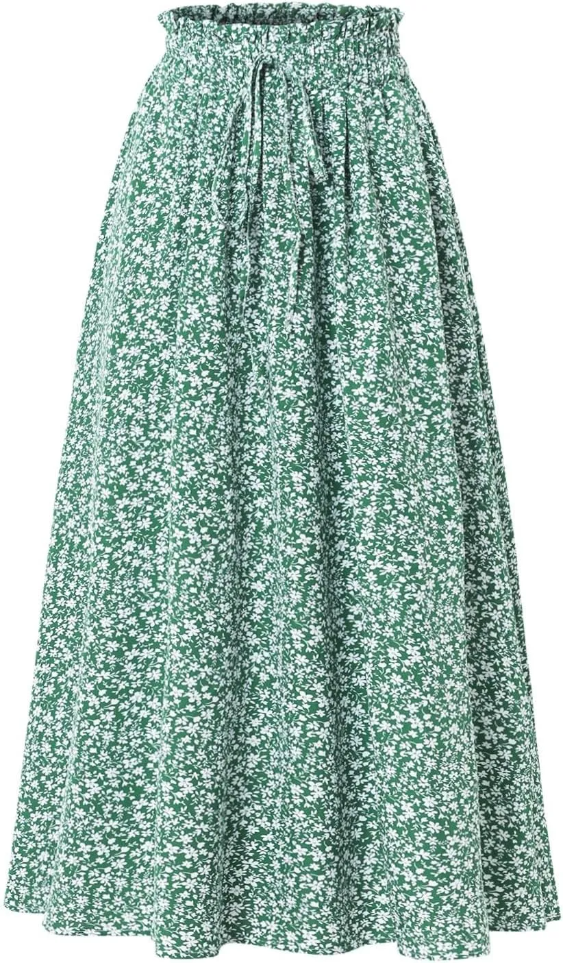 Palaver Long Skirt for Women Summer Floral Tiered Elastic High Waisted Maxi Skirts Vacation A-Line Flowy Swing Boho Skirts