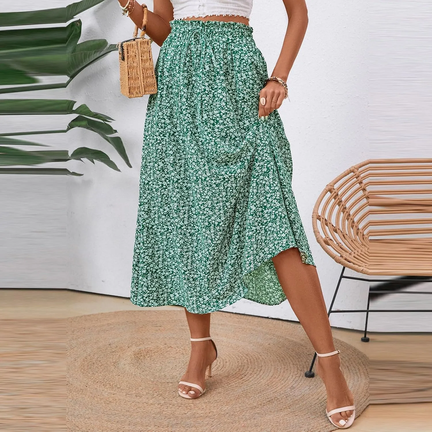 Palaver Long Skirt for Women Summer Floral Tiered Elastic High Waisted Maxi Skirts Vacation A-Line Flowy Swing Boho Skirts