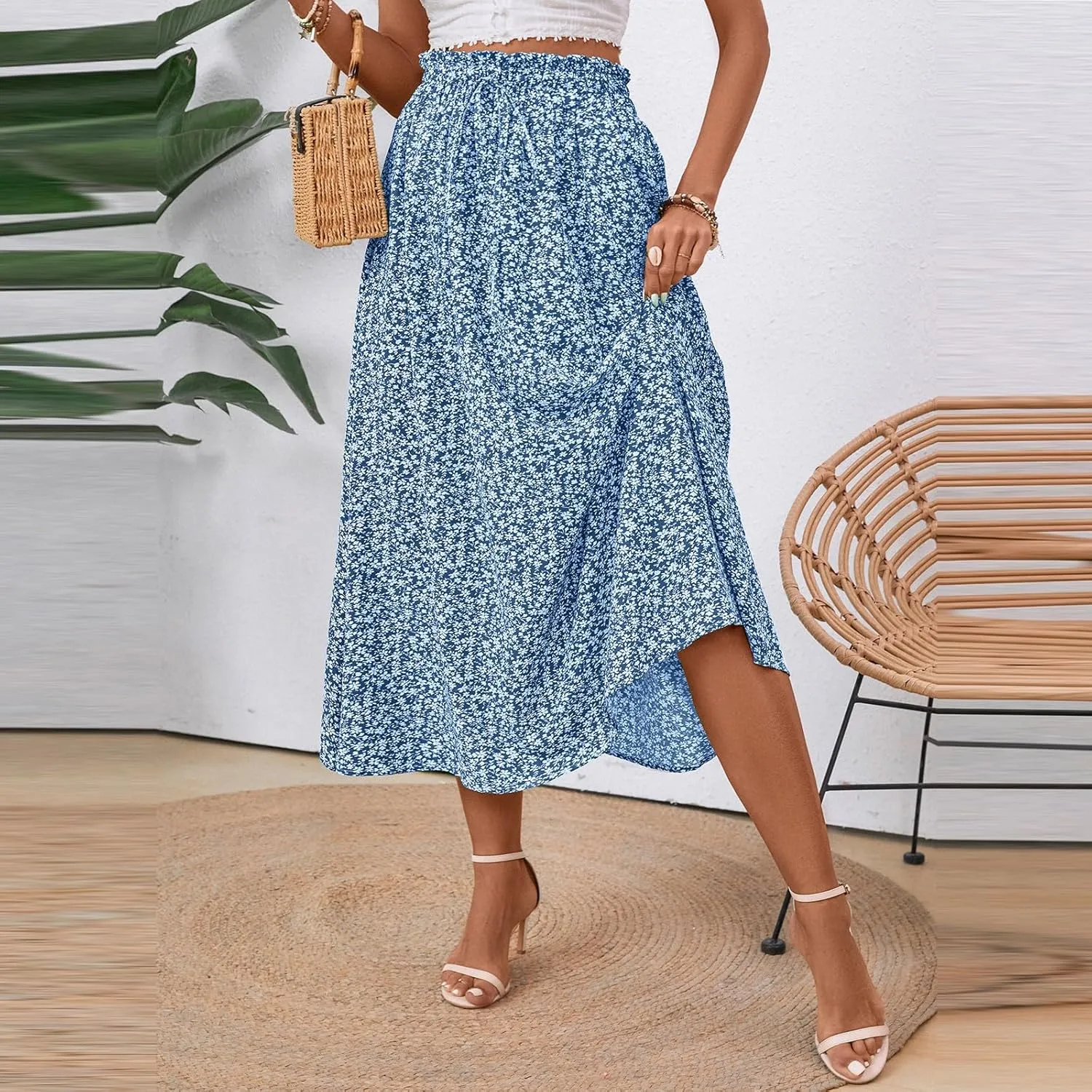 Palaver Long Skirt for Women Summer Floral Tiered Elastic High Waisted Maxi Skirts Vacation A-Line Flowy Swing Boho Skirts