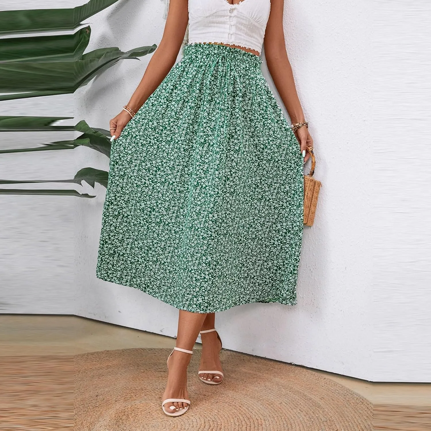 Palaver Long Skirt for Women Summer Floral Tiered Elastic High Waisted Maxi Skirts Vacation A-Line Flowy Swing Boho Skirts