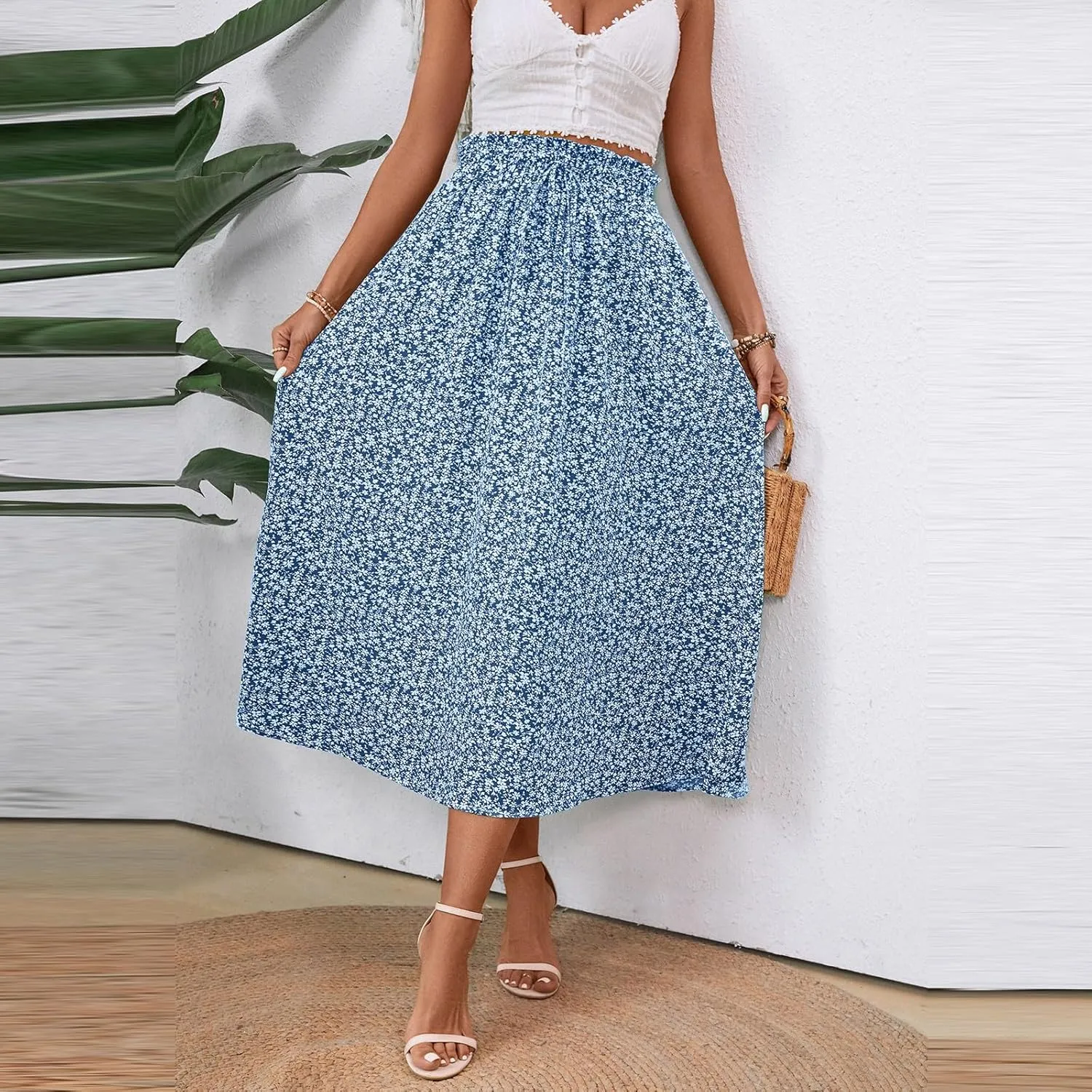 Palaver Long Skirt for Women Summer Floral Tiered Elastic High Waisted Maxi Skirts Vacation A-Line Flowy Swing Boho Skirts