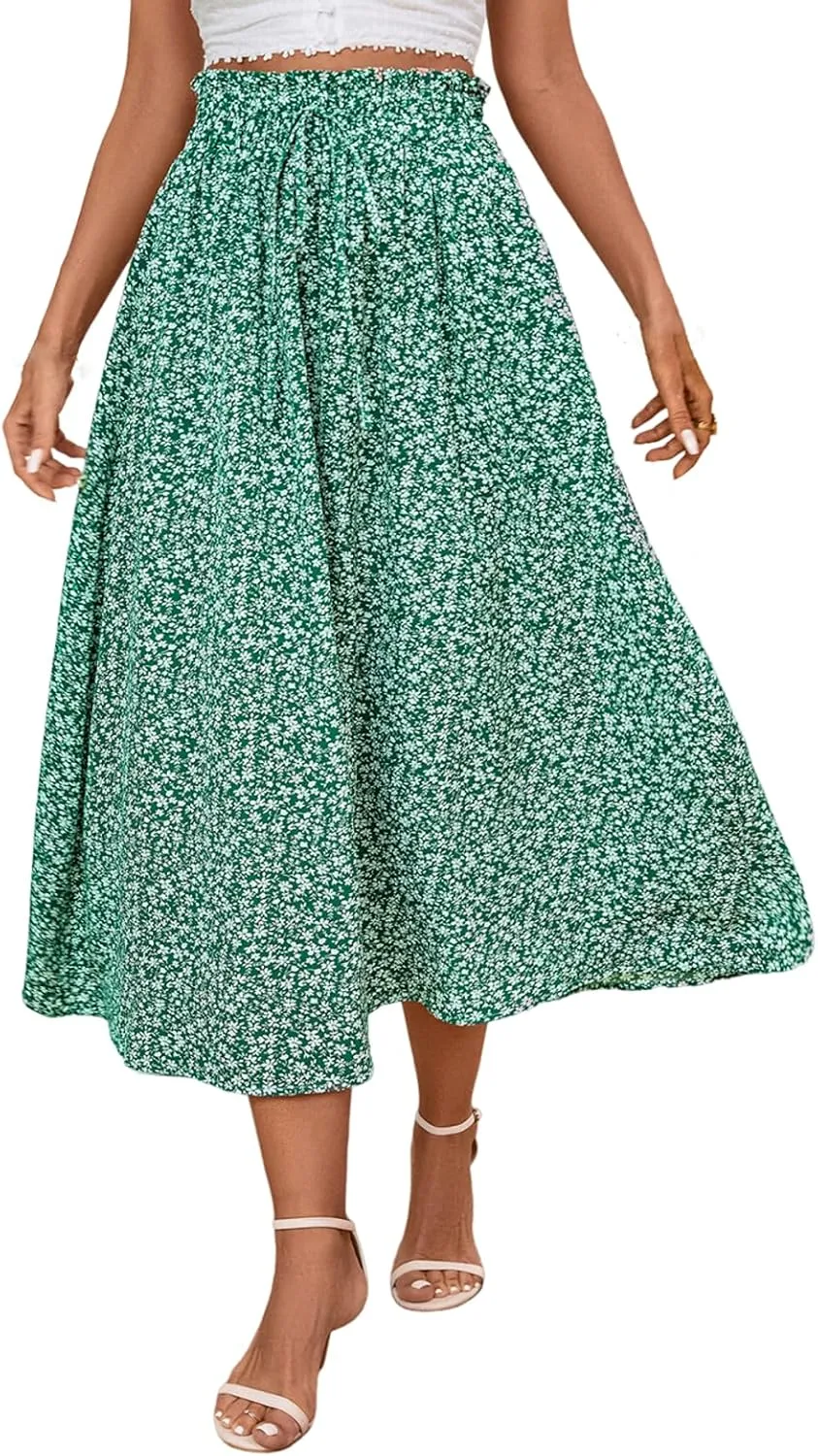 Palaver Long Skirt for Women Summer Floral Tiered Elastic High Waisted Maxi Skirts Vacation A-Line Flowy Swing Boho Skirts