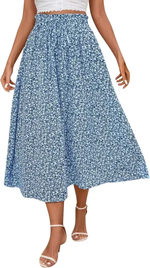 Palaver Long Skirt for Women Summer Floral Tiered Elastic High Waisted Maxi Skirts Vacation A-Line Flowy Swing Boho Skirts