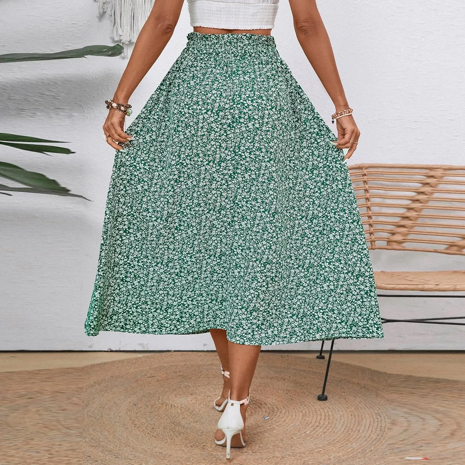 Palaver Long Skirt for Women Summer Floral Tiered Elastic High Waisted Maxi Skirts Vacation A-Line Flowy Swing Boho Skirts