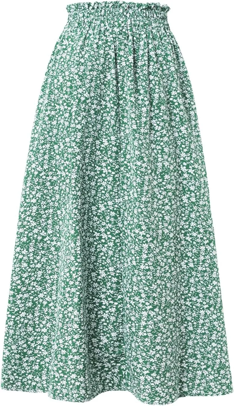 Palaver Long Skirt for Women Summer Floral Tiered Elastic High Waisted Maxi Skirts Vacation A-Line Flowy Swing Boho Skirts